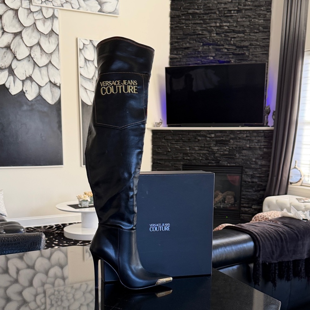 Versace Jeans Collection Black Leather Knee-High Boots